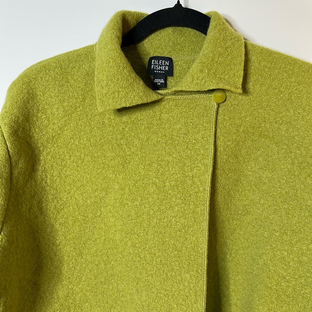 Eileen Fisher Coatigan Women's 
Large Green 100% Wool Open Pockets
Collared